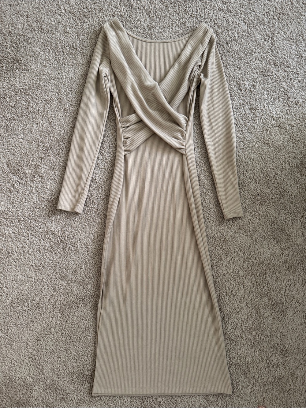 Astr Beige Ribbed Long-Sleeve Wrap Maxi Dress